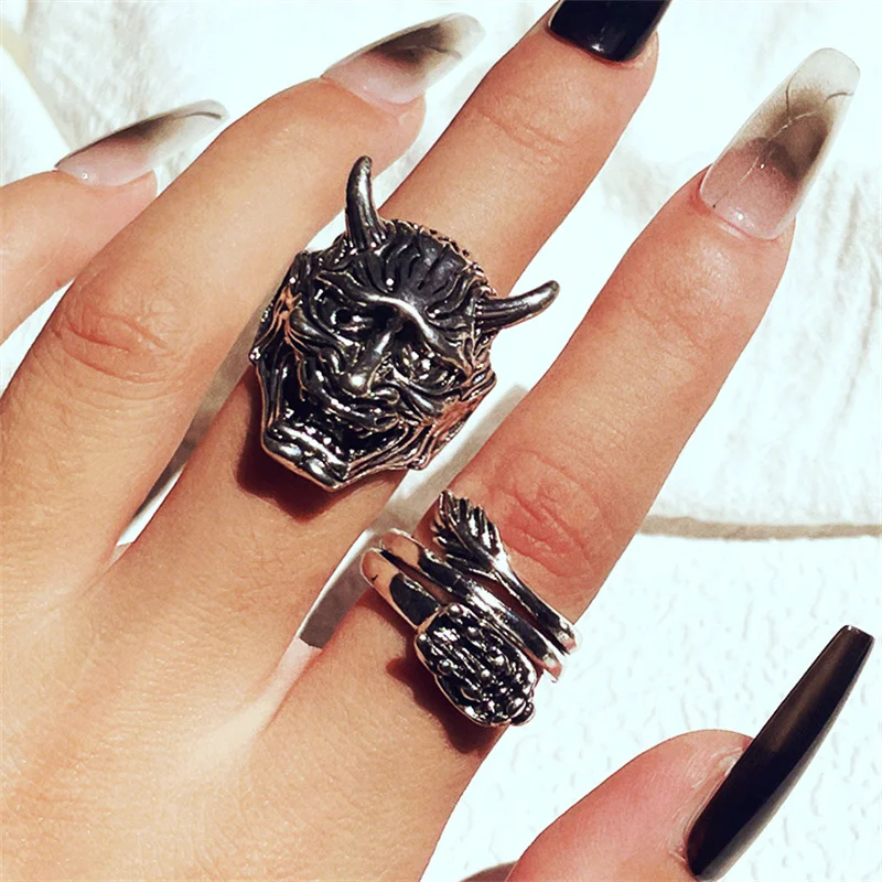 MeMolissa Vintage Silver Plated Horn Skull Mask Ring set for Women Gothic Punk Steampunk Dragon Ring Sets Party Fashion Jewelry