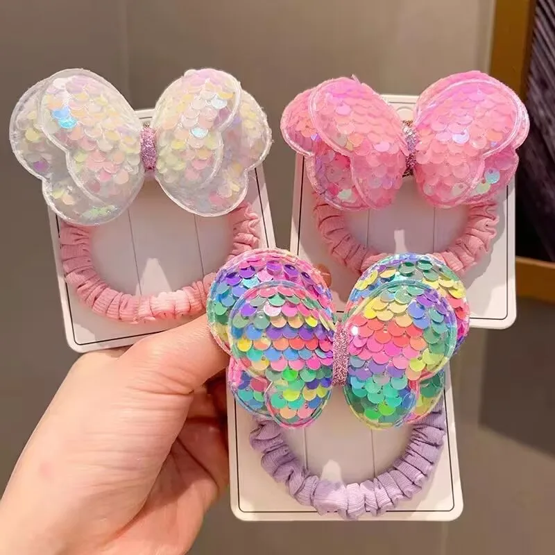 3PCS Pailletten Haar Seil Kinder Scrunchies Große Schmetterling Krawatte Hohe Pferdeschwanz Geflecht Mädchen Gummiband Headwear Haar Zubehör – Detail 15