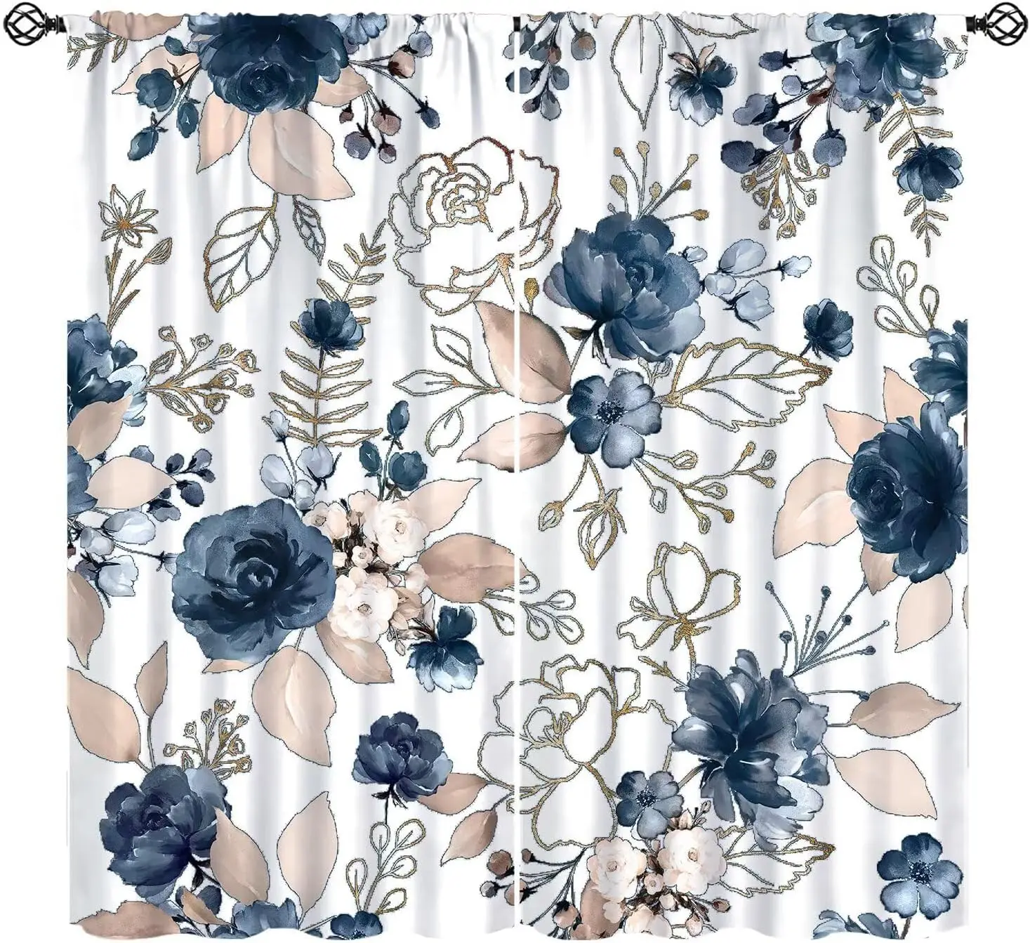 Cool Watercolor Navy Rose Curtain 2 Panels White Base Gold Line Floral Living Room Print Window Curtain Elegant Home Decor