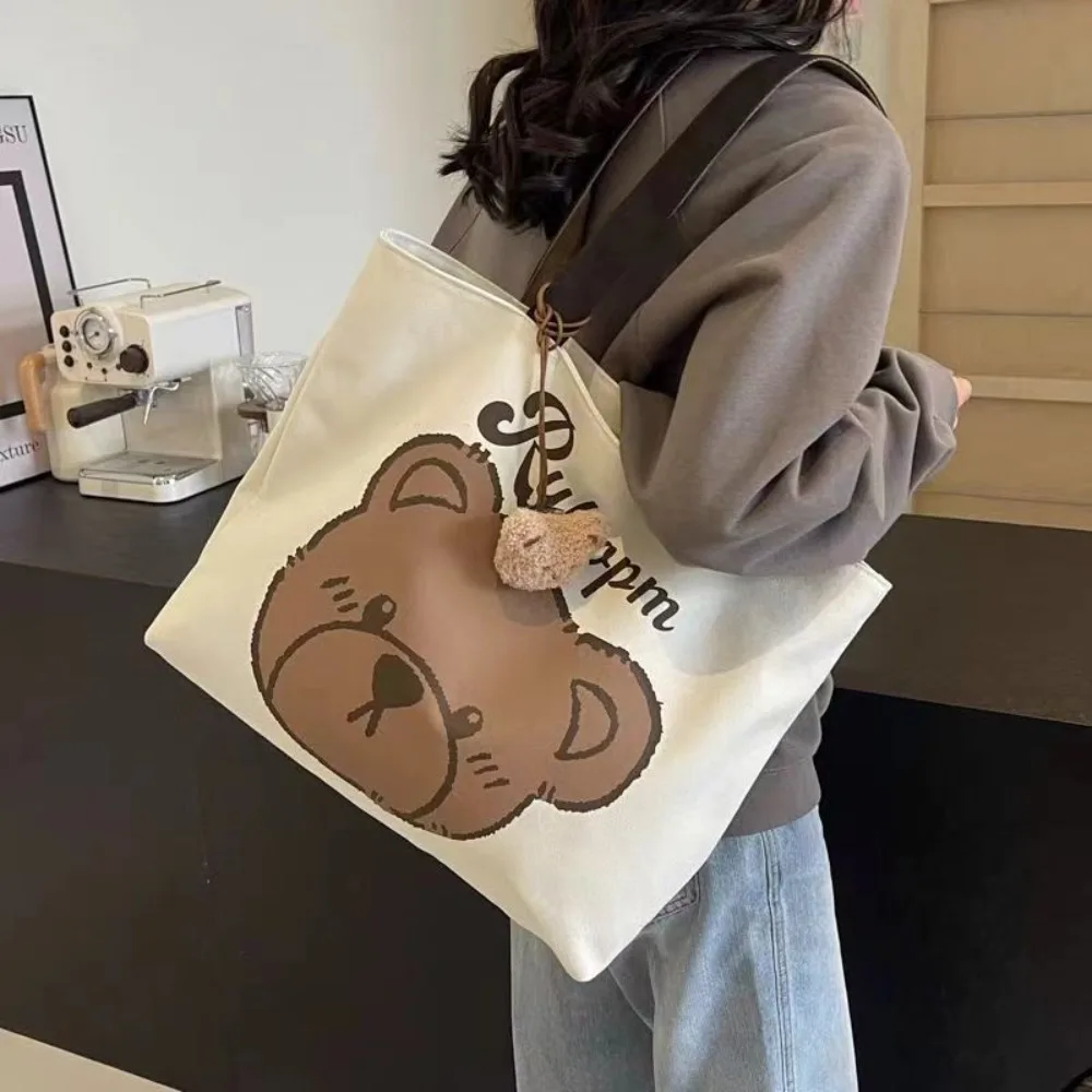 

Холщовая Сумка через плечо с мультипликационным медведем, Большая вместительная сумка-тоут, школьная сумка, сумка для репетиров, повседневная женская сумка для подмышек