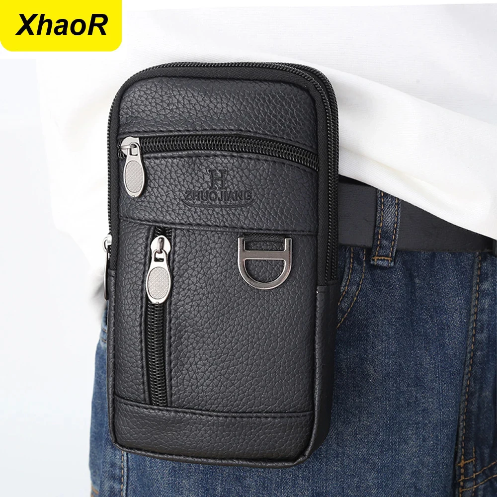 Men Waist Bag Mobile Phone Bag Vertical PU Leather Wearable Belt Sports Waterproof Small Hanging Bag Business Leisure Coin Pouch