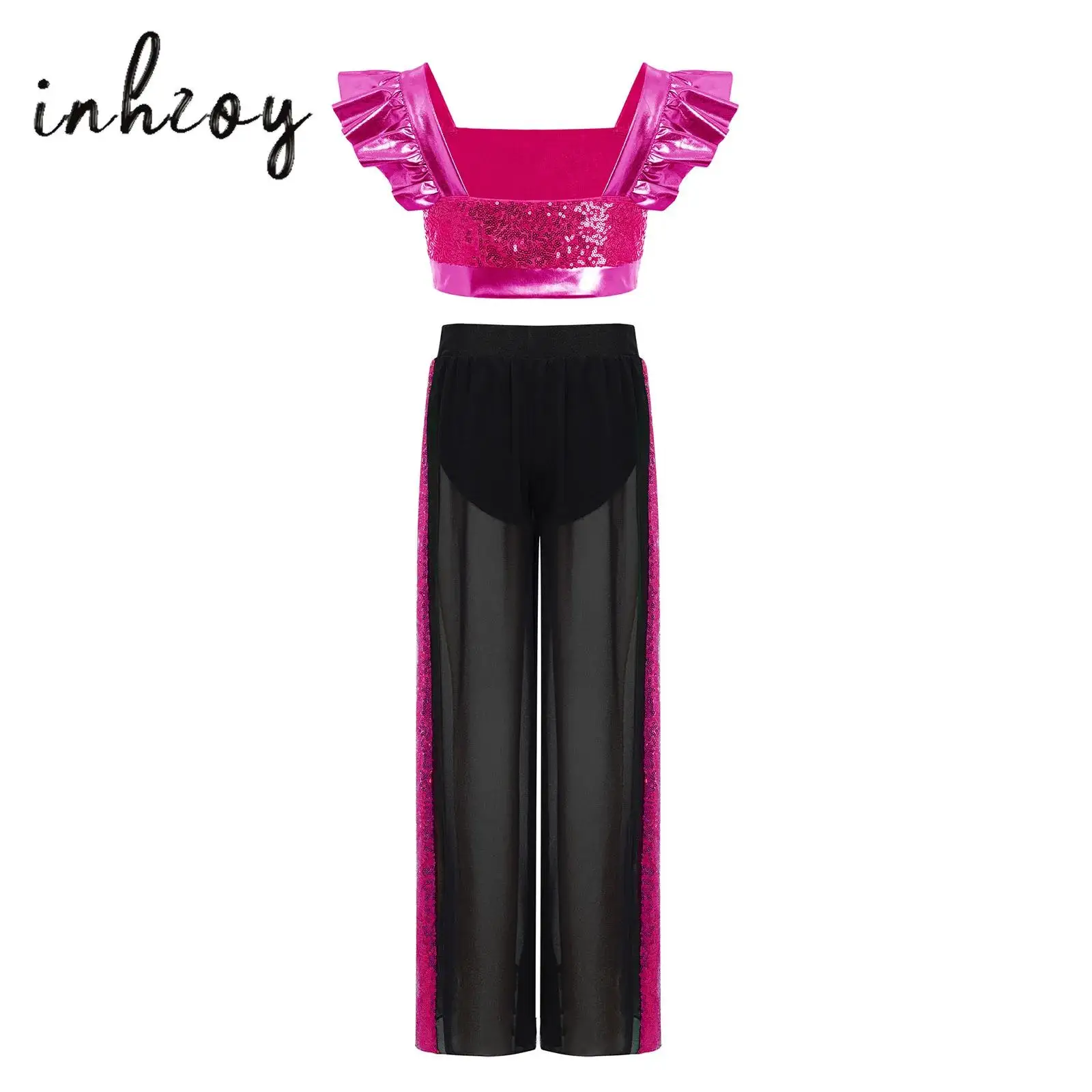

Girls Jazz Dance Costume Two-Piece Set Ruffled Sleeves Sequins Crop Top Flowing Chiffon Wide-Leg Side Slit Dance Pants Stage Set