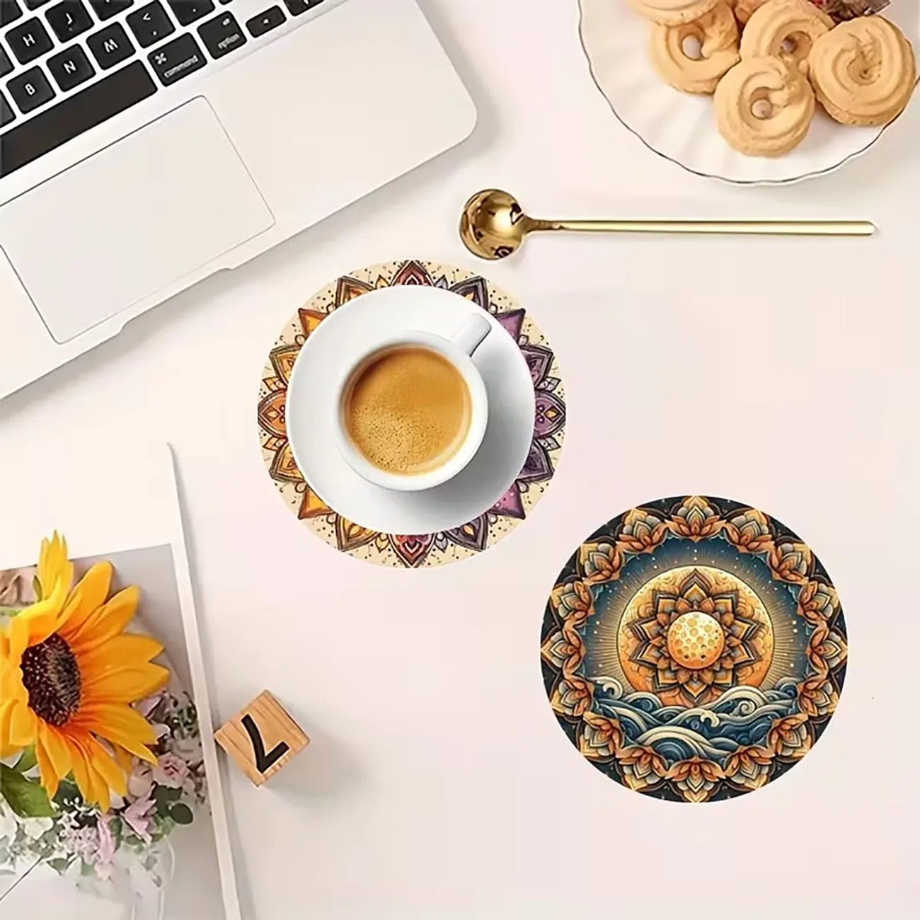 6Pcs Wooden Round Heat Insulation Drink Coasters Sun Moon Mandala Pattern Tabletop Decor Housewarming Gift