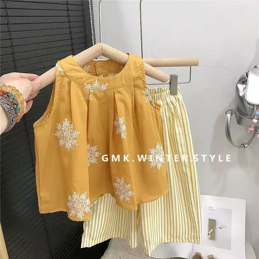 

New Summer Toddler 2-7Y Girls Sleeveless Cami Vest & Wide Leg Pants Trendy 2PCS Set for 90-140cm
