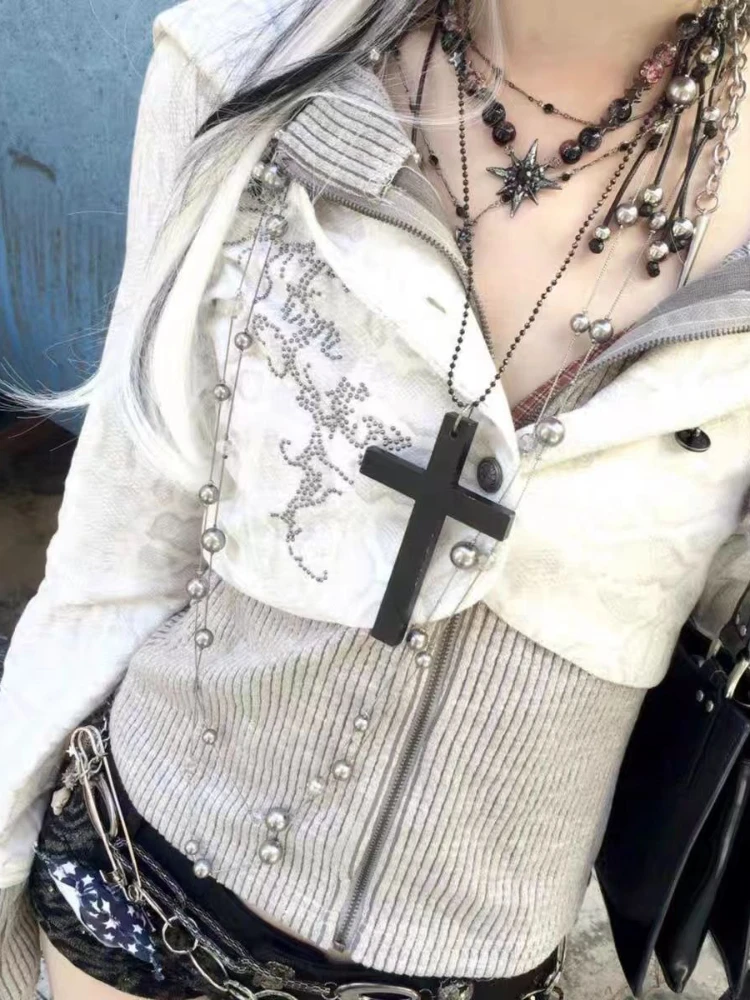 Autumn Japanese Y2k Retro Hooded Sweatshirts Women's Punk Subculture Patchwork Knit Cardigan 2000s Streetwear Print Clothes New