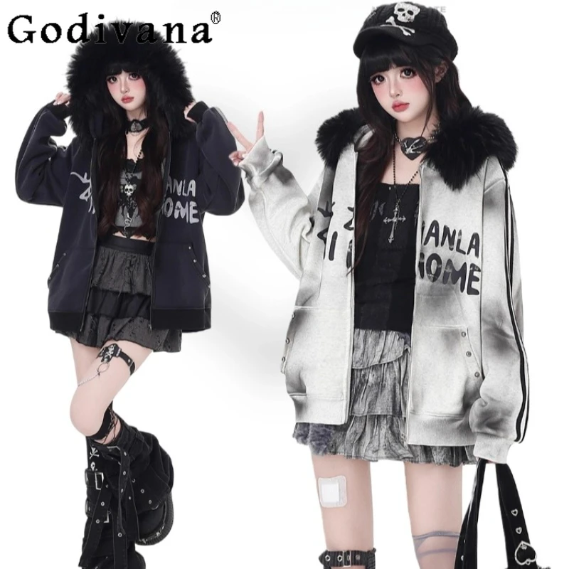 

Street Style Sweet Cool Tie Dye Jacket Women's Letter Detachable Collar Coat Female Japanese Versatile Casual Zipper Jacket