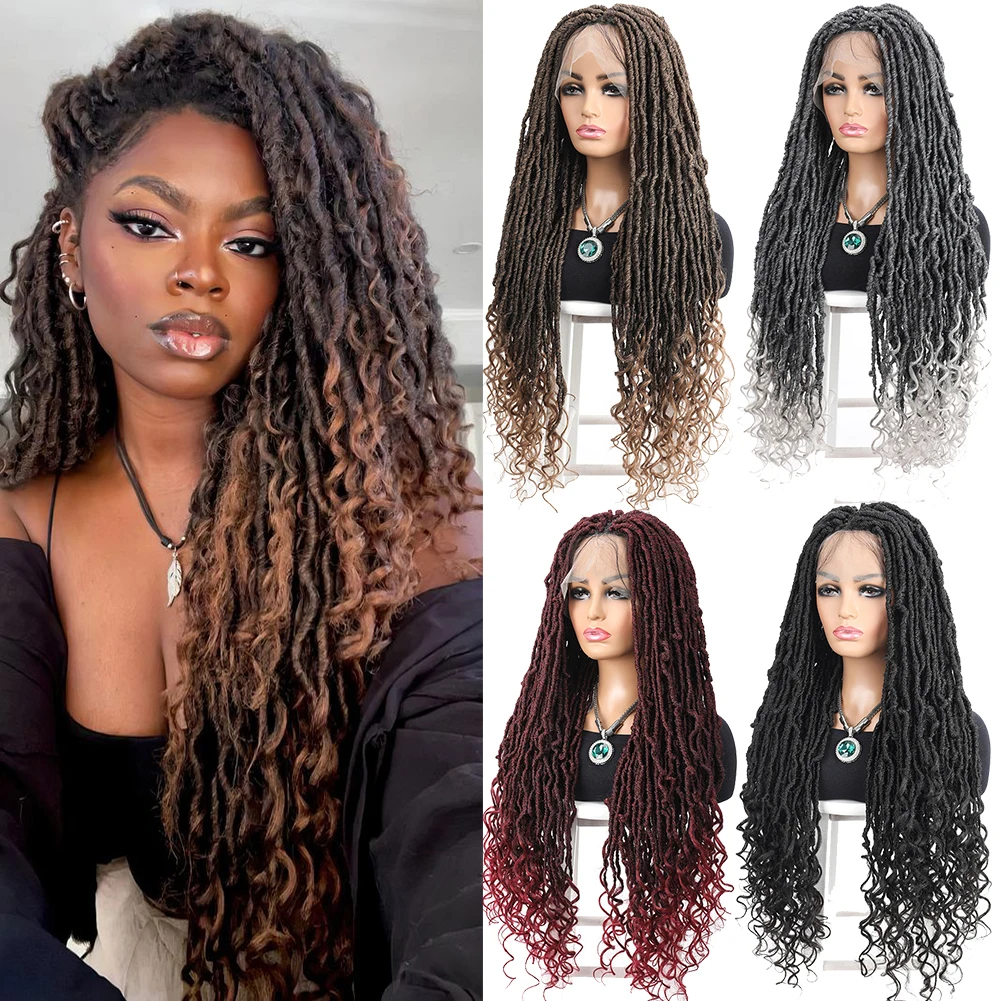 

Lace Faux Locs Braided Wigs Dreadlock Synthetic Lace Twist Wig with Wave Curly End Goddess Faux Locs Crochet Wigs with Baby Hair