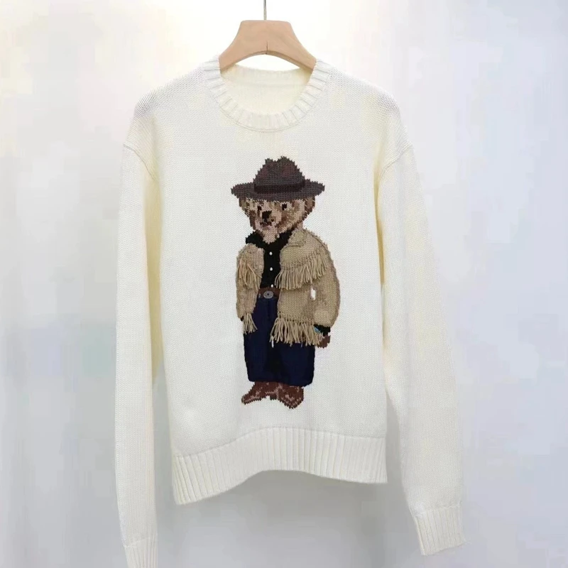 New autumn and winter outfit wearing khaki tassel jacket with teddy bear pattern women\'s white casual warm cotton sweater