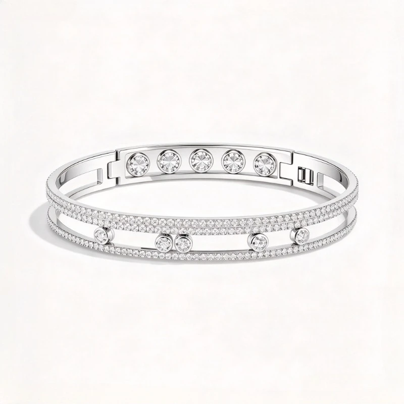 Alloy Double Layer Pave Open Bangle with Sliding CZ Stones, Luxury Minimalist Hollow Wrist Cuff for Women, Suitable for Daily Matching, Wedding Banquet and Anniversary Gift