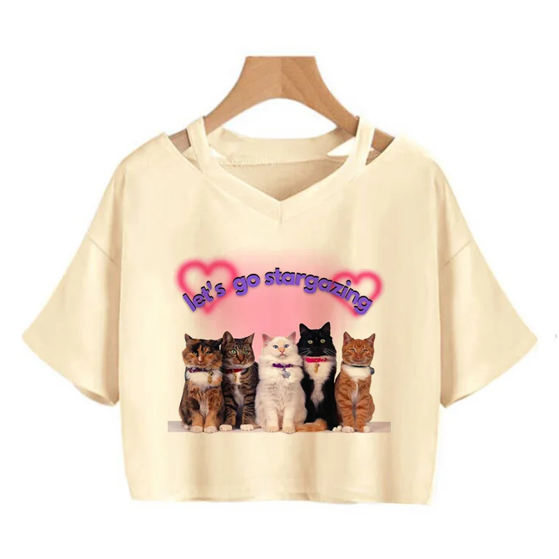 Hip Hop Funny Cat T Shirt Crop Top Women Shirt Cropped Graphic Ulzzang T-shirt 90s Tshirt Top Tee Female Gothic