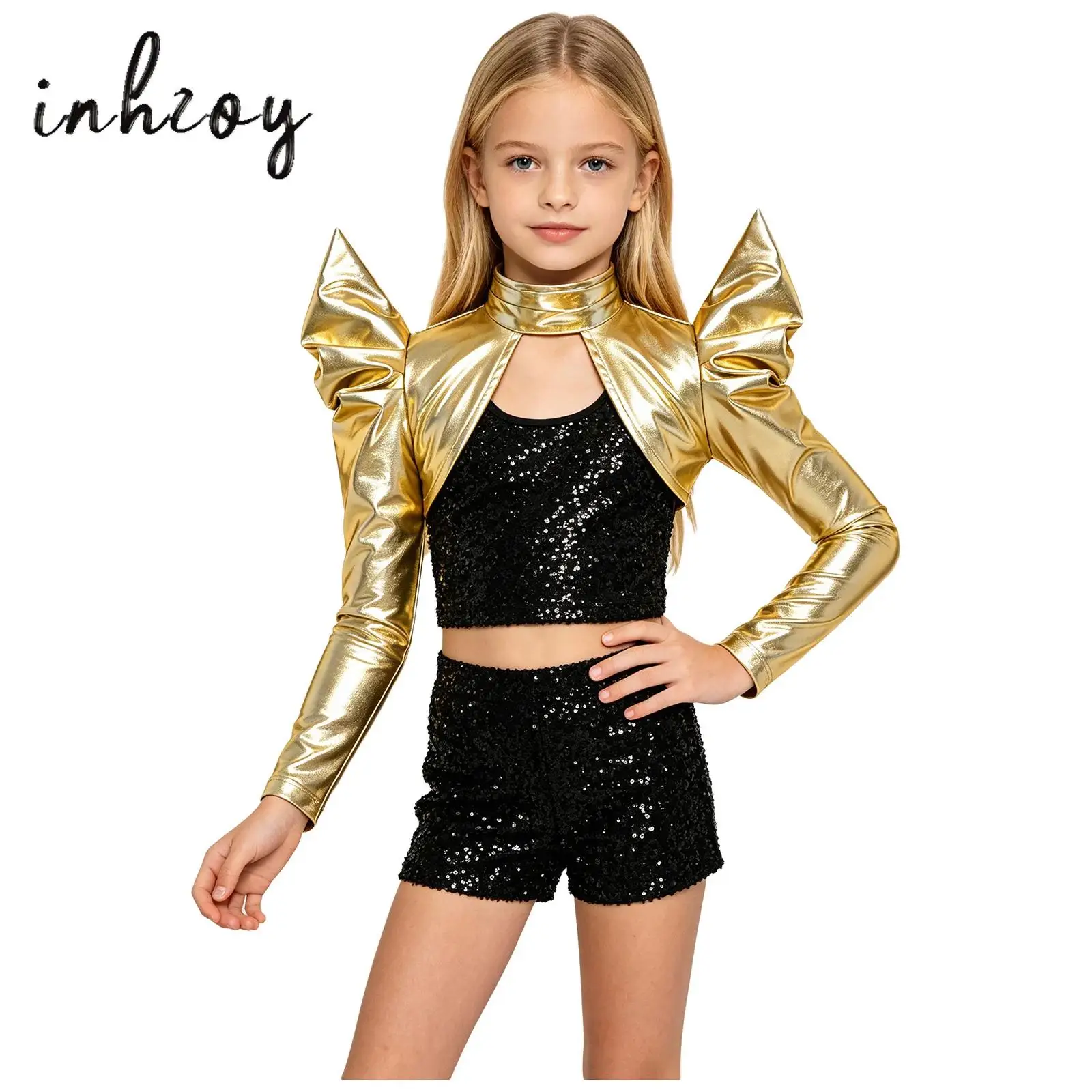Kids Girls Metallic Shrug Shoulder Futuristic Long Sleeve Open Front Crop Top Halloween Dress-up Party Hip Hop Dance Performance