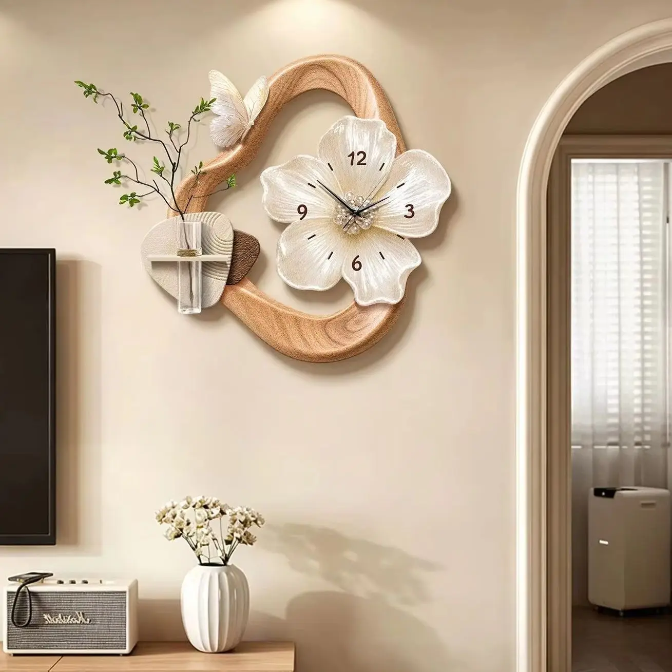 Wooden antique style clock with light decoration painting, living room clock hanging painting, dining room flower mural painting