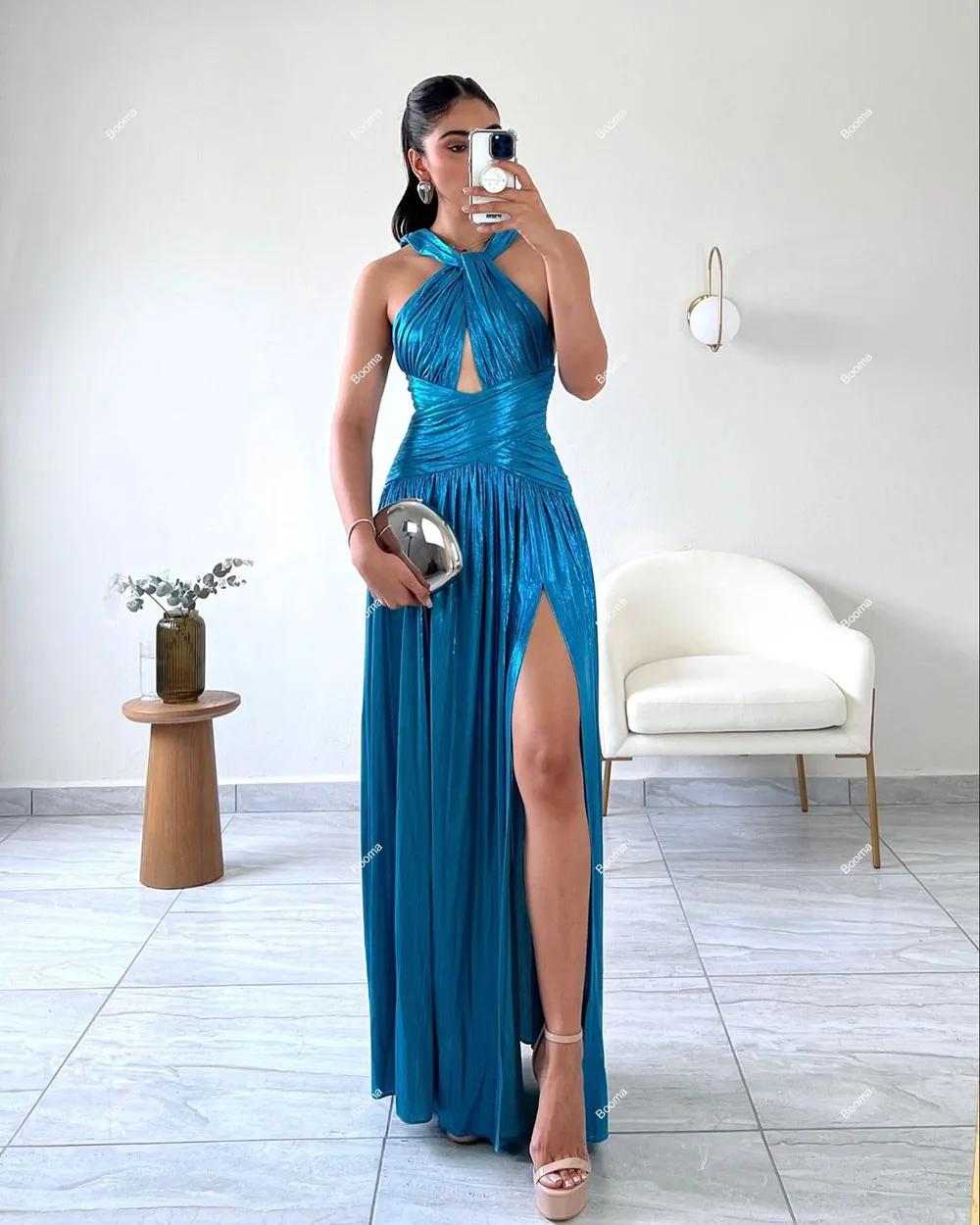 Booma A-Line Prom Dresses Pleats Halter Sleeveless Formal Occasion Gowns for Women High Side Slit Floor Length Evening Dresses