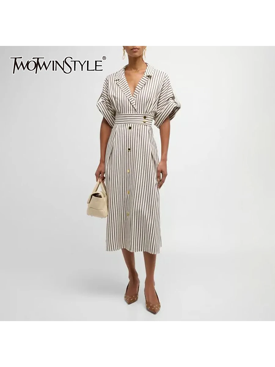 

TWOTWINSTYLE Hit Color Striped Spliced Metal Buttons Dresses for Women Lapel Short Sleeves High Waist Fashion Dress Female New