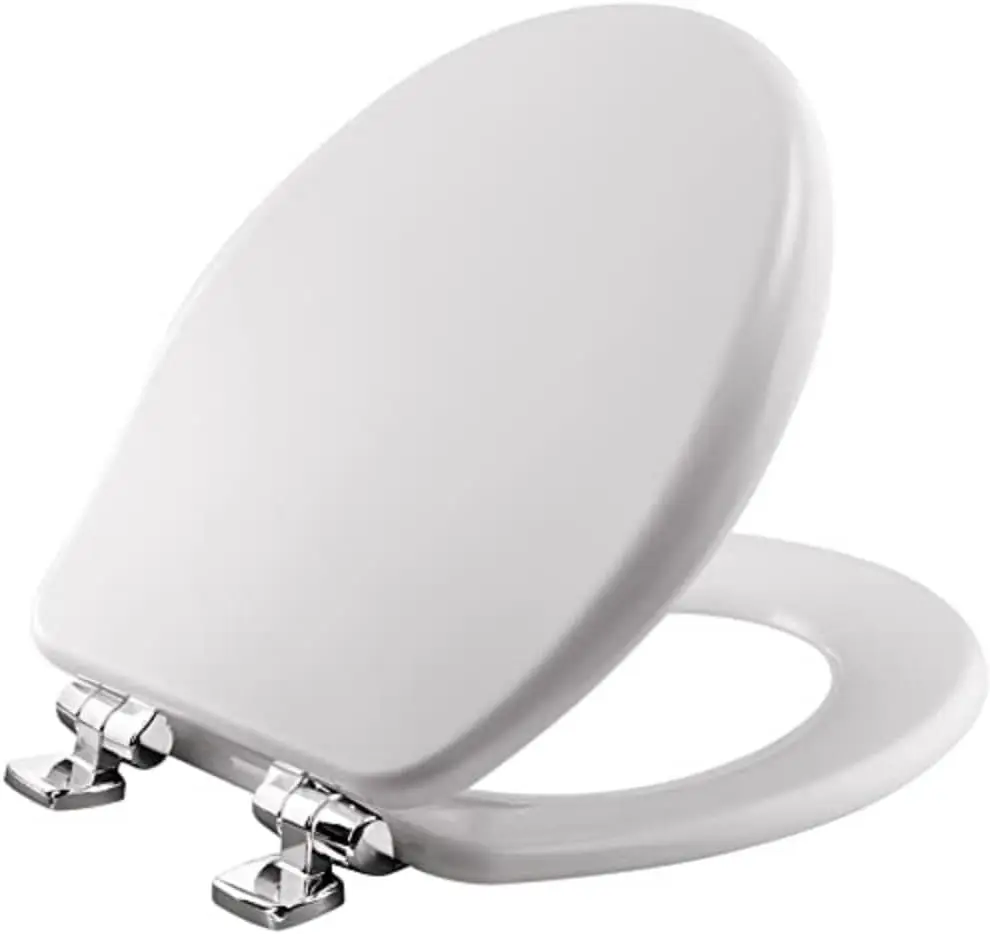

Slow Close Toilet Seat with Chrome Hinges, Adjustable Wood Seat, Made in USA, Round White