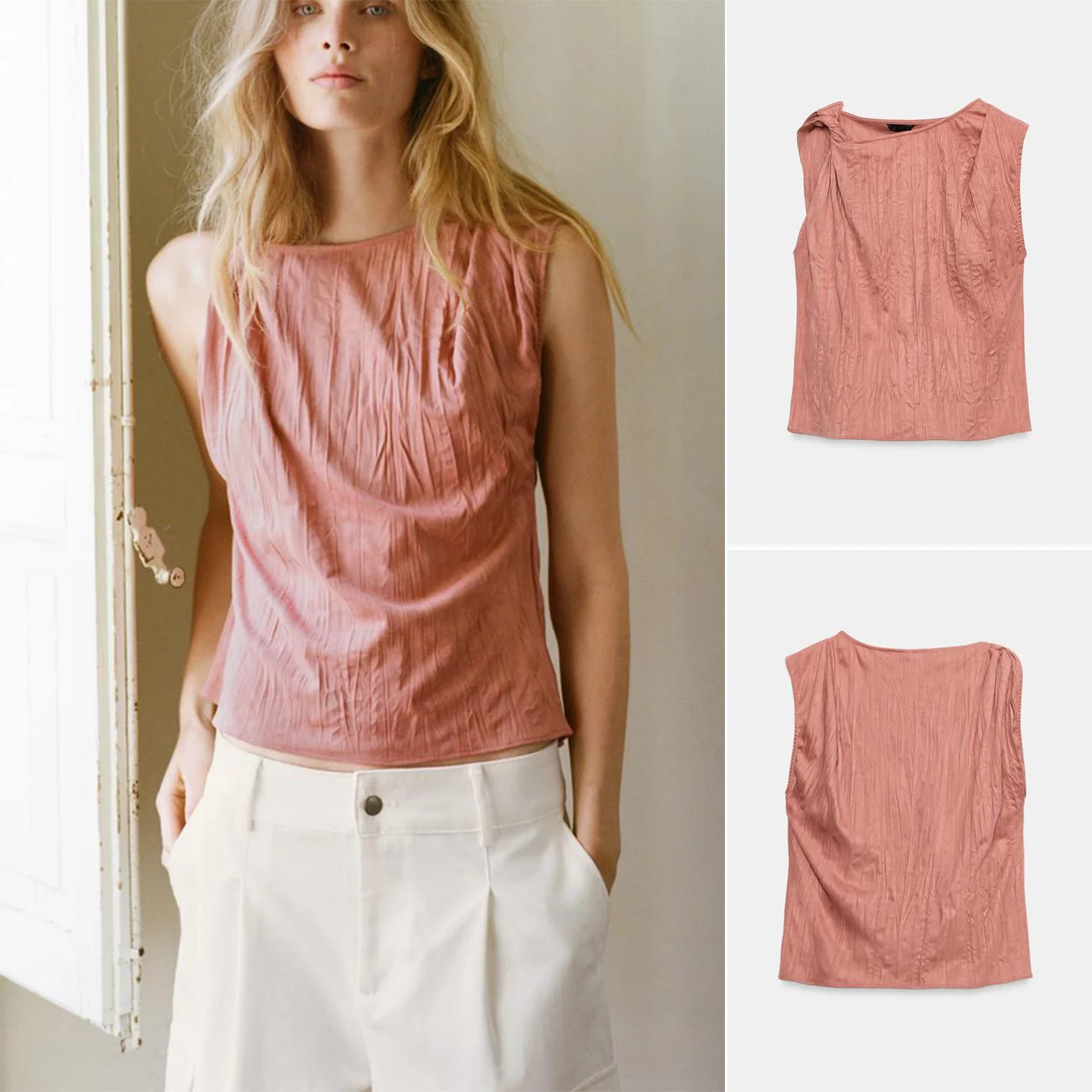 Elegant Summer New Women's Fashion Slim Fit round Neck Sleeveless Pleated Shoulder Design Top Polyester Fiber Short Length