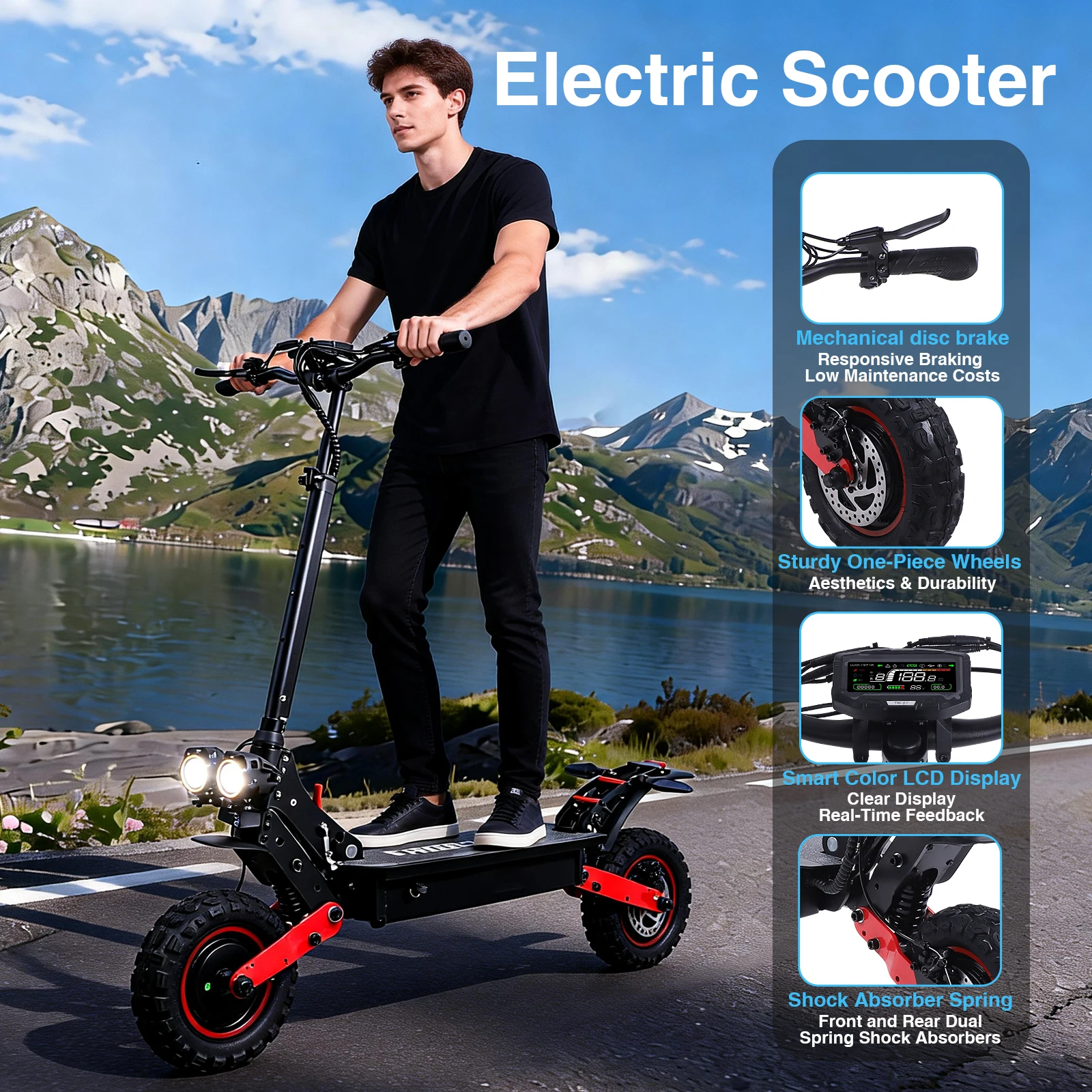 FREEBOY H6 E-Scooter 2400W Doppelmotor Elektrischer Klapproller mit 48V 21Ah Batterie und Doppel-11-Zoll-All-Terrain-Reifen – Detail 1