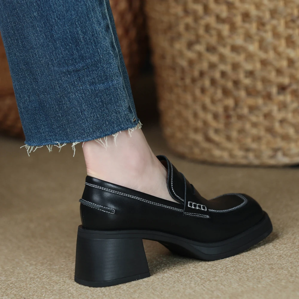 Square Toe Real Leather Women Pumps Spring Autumn Cowhide Med Heel Loafers Slip-On Ladies Vingtage Pumps Dress Prom Career Shoes