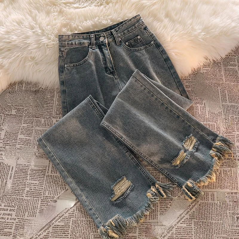 

Harajuku Vintage Y2k Clothes Hole Raw Edge Solid Color Pockets High Waist Jeans Casual Loose Streetwear Fashion Women Pantalones