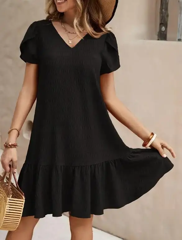 

2026V Collar Solid Color Loose Dress Casual Short Sleeved Dress