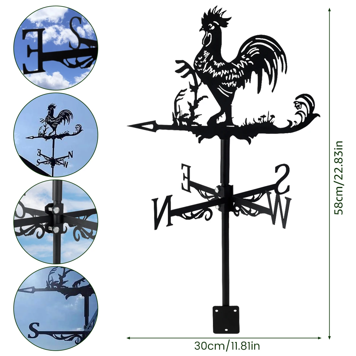 Stainless Steel Weather Vane, Rooster Metal Weathervanes Garden Chicken Wind Direction Indicator Farm Scene Weathercock