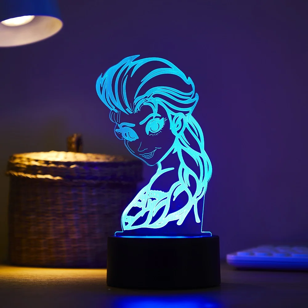 Cartoon Figure Elsa 7 Colors 3D Night Light LED Lamp Frozen Queen Princess Elsa Illusion Bedside Lights Table Lampara