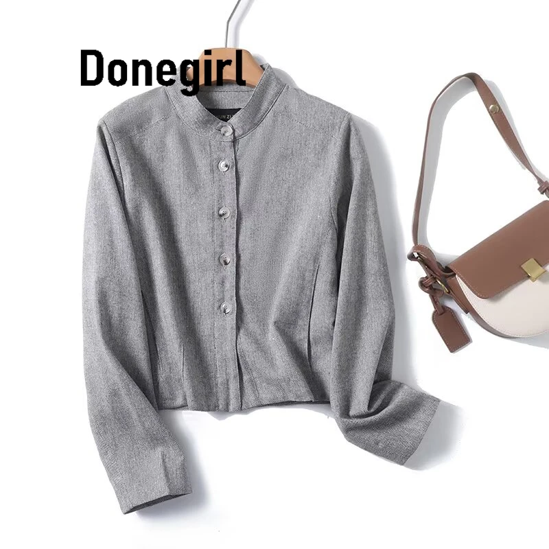 

Donegirl 2025 г., женская серая короткая куртка с воротником-стойкой, пальто на пуговицах спереди и длинными рукавами, повседневная осенняя верхняя одежда, шикарная женская одежда