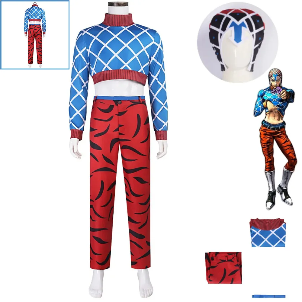 

Cosplay Costume Anime JOJO's Bizarre Adventure Golden Wind Guido Mista Hat Blue Long Sleeves Tops Halloween Carnival Party Suit