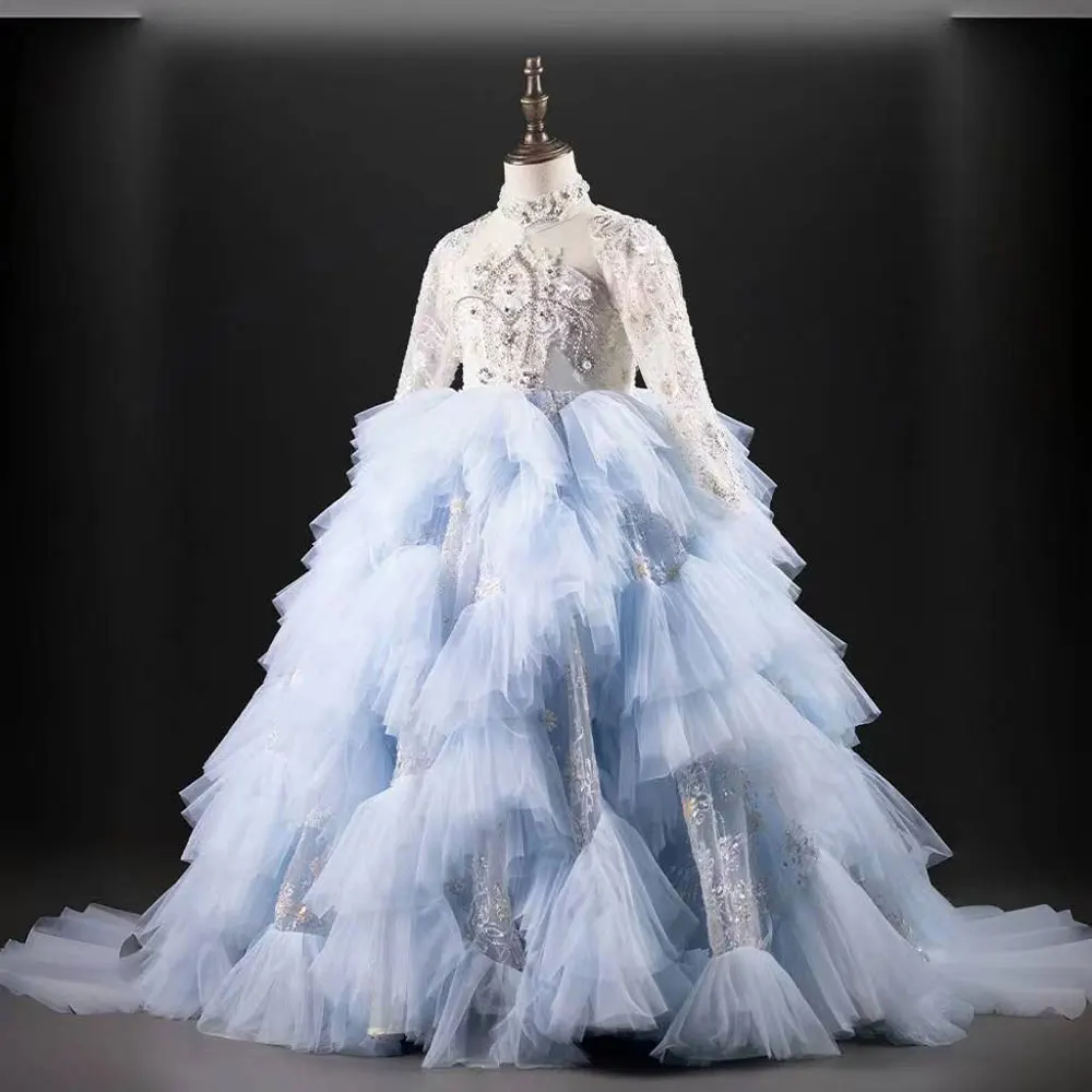 Jill Wish Luxury Blue Dubai Girl Dress Beaded Pearls Arabic Princess Kids Wedding Birthday Party Long Ball Gown 2024 J381