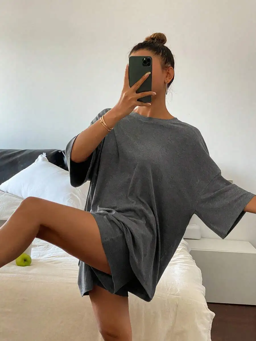 

Minimalist Comfortable Ribbed Knit Loose T-Shirt And Shorts Pajama Set For Women