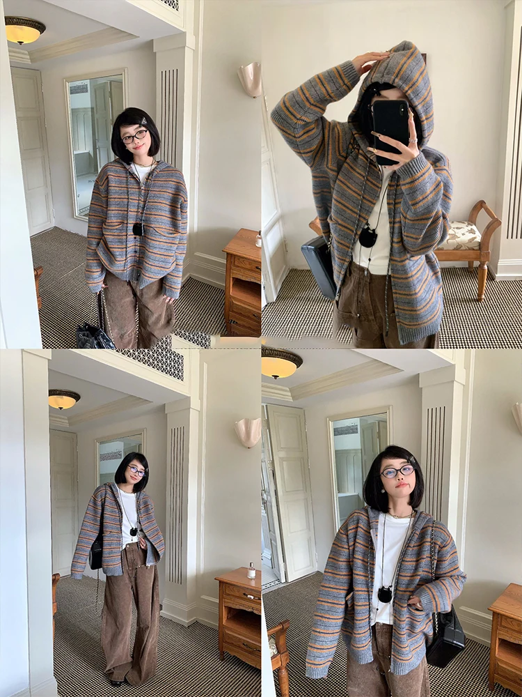 Retro Koreanische Sle Gestreiften Kapuzen Stricken Pullover Mantel frauen Herbst Winter Neue Sle Farbe Blo Aosphere Kleidung Gestrickte O...