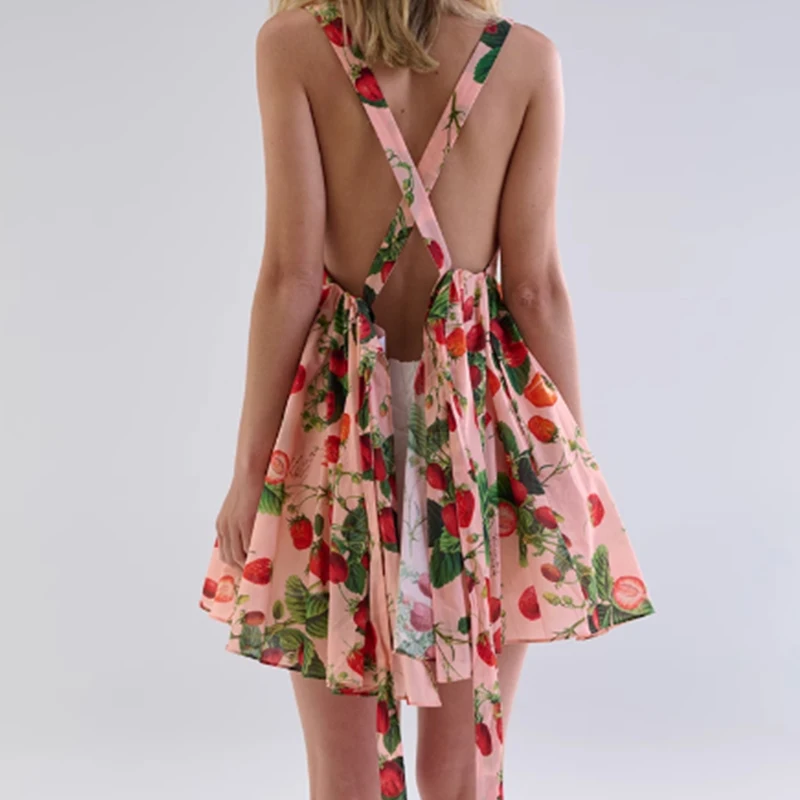 YENKYE Strawberry Print Square Collar Sexy  Backless Mini Tank Dress Women Pleated Hem A-line Short Summer Dresses Holiday Robe