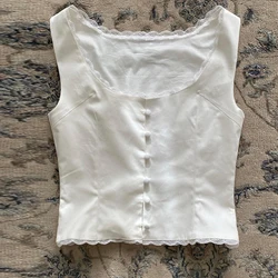 Fairycore Y2K Grunge Vintage White Tank Tops Cutest Lace Trim Button Up Crop Tops Summer Sleeveless T-shirt Vest Retro Clothes