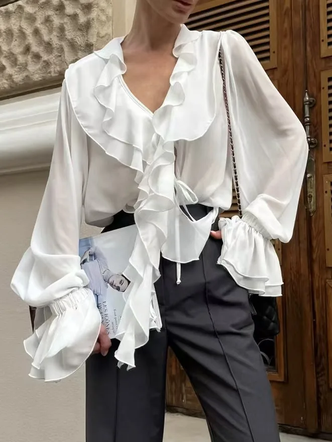 

Fashionable V-neck Lotus Leaf Shirt Bell Sleeve Tie-waist Loose Fit Breathable Thin Long Sleeve Women's Pure Color Shirt