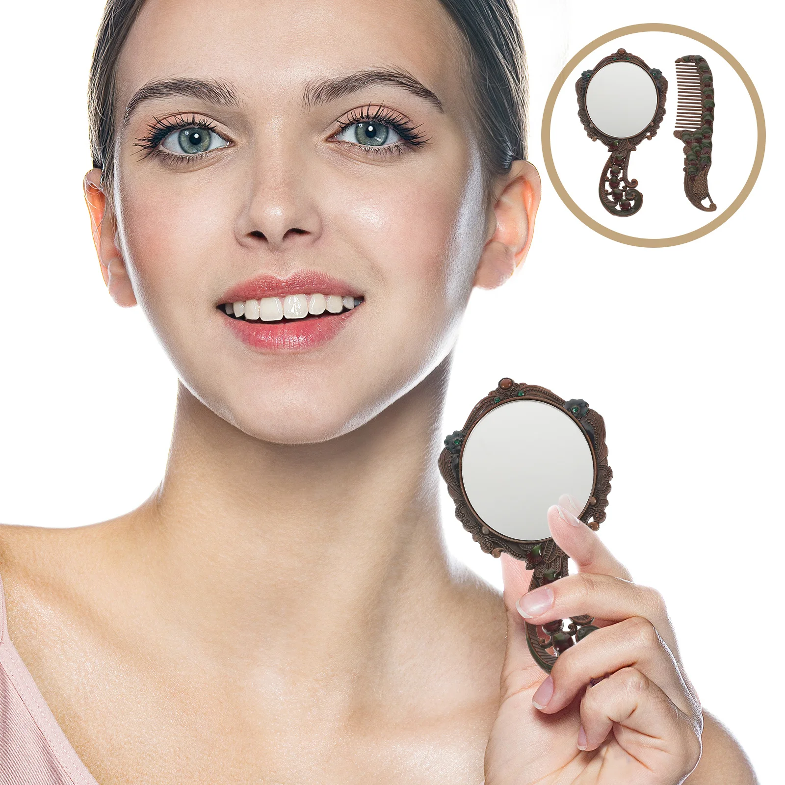 

1Set Vintage Makeup Mirror Portable Handheld Mirror with Comb Lightweight Vanity Dressing Tool Makeup Tool