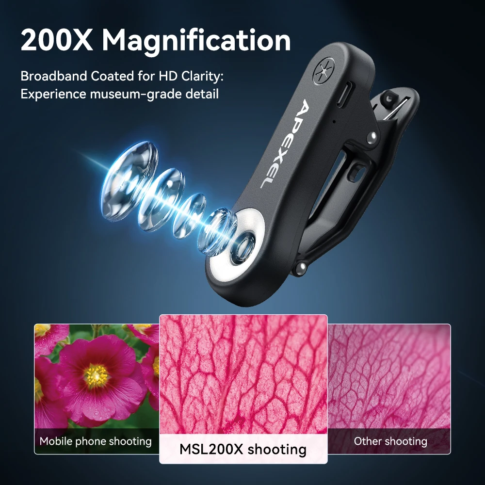 

APEXEL 2026NEW Новая насадка-микроскоп для телефона 200X с LED-подсветкой, универсальный макрообъектив с клипсой для наблюдения за монетами, ювелирными изделиями, растениями