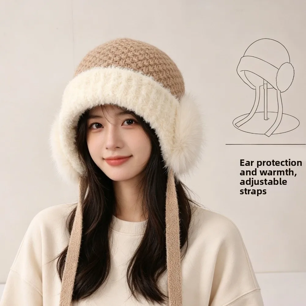 Faux Fur Trim Winter Beanie Hat Ribbed Brim Braided Ties Earflap Beanie Hat Cozy Chunky Knit Ear Protection Peruvian Hat