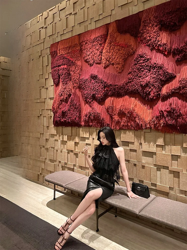 

Ele Bla Lace Satin Patchwork Top Women's Faionable Knot Ne Design Ladylike Sle Outerwear Spring Season Regular Le...