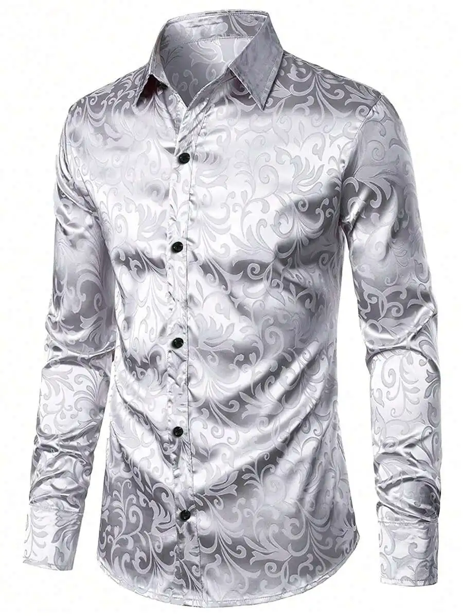 

Men's Silver Floral Jacquard Long Sleeve Shirt, Business Casual, Fall