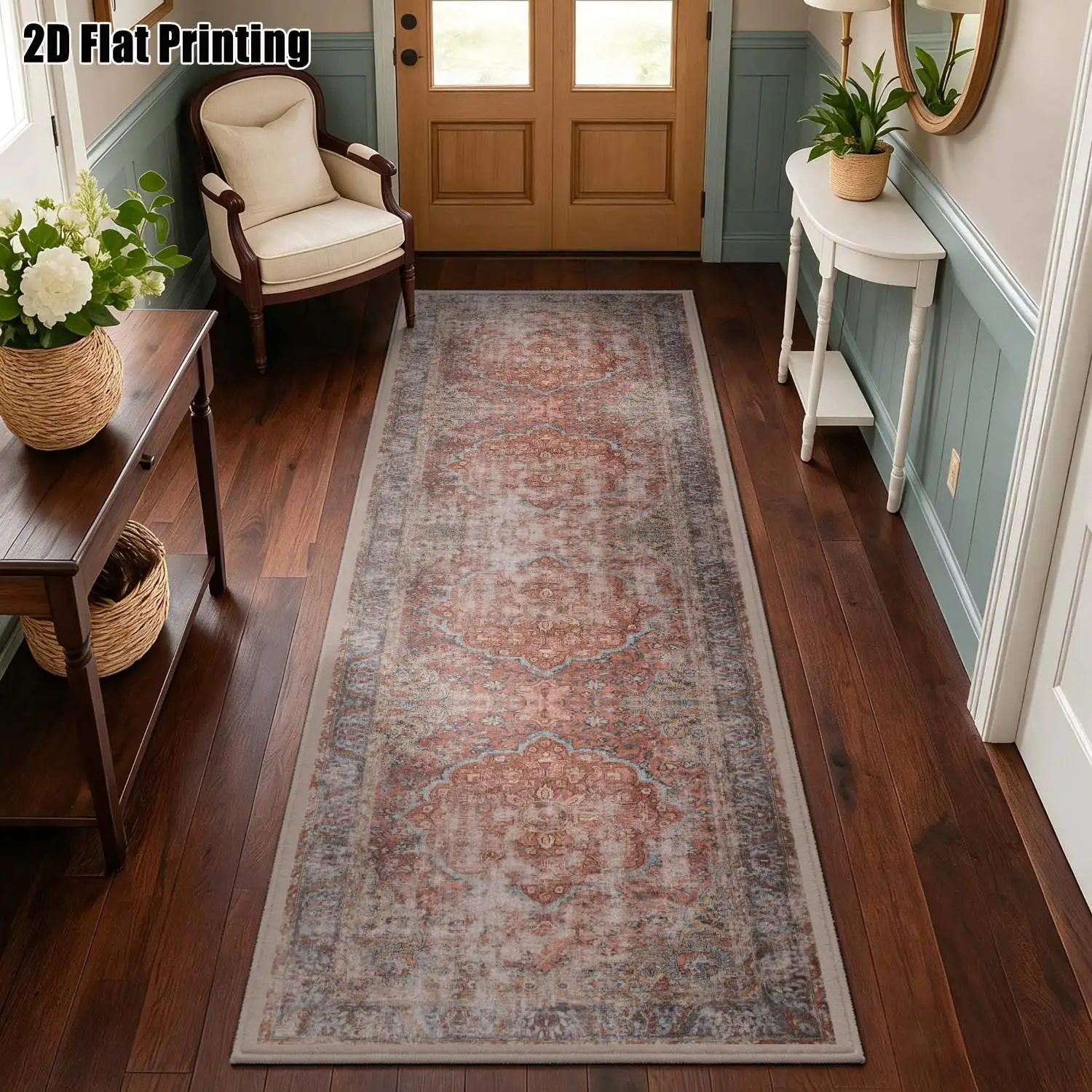 1Pc 2D Printed Long Strip Runner Rug: Retro Pink & Brown Floral, European/Bohemian/Geometric Simple Design, Machine Washable, Multi-Size, Ideal for Hallway, Entrance, Living Room, Bedroom Home Decor
