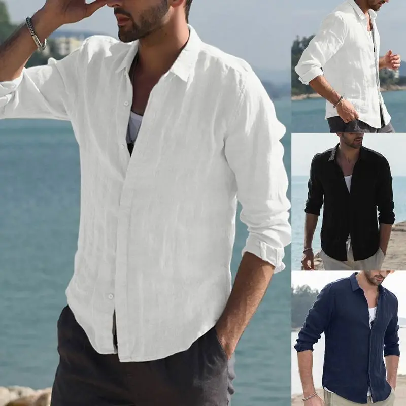 

Men's Casual Shirt Single-Breasted Cotton Linen Long Sleeve Slim Fit Youthful Pure Color Point Collar Iron-Free Autumn Wear