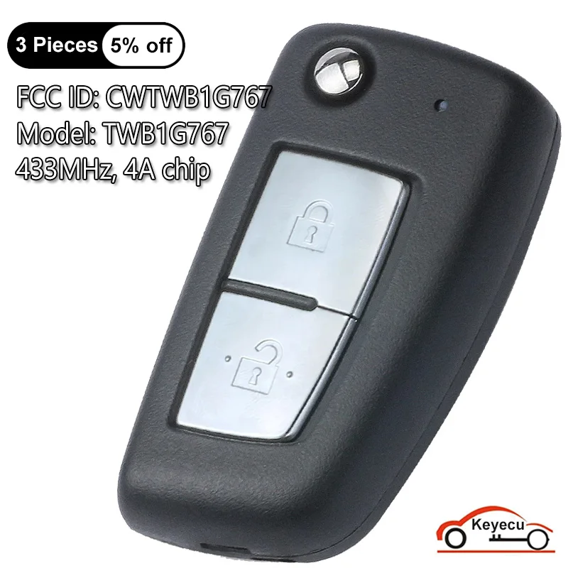 KEYECU-Auto Flip Remoto Key Fob, 2 Botões, 433MHz, PCF7961M, Chip 4A para Nissan Qashqai X-Trail Pulsar Micra Juke, FCC # CWTWB1G767