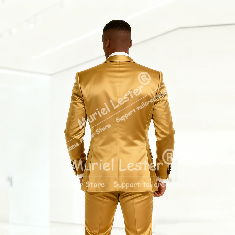 Elegant Gold Satin Suit Men Slim Fit 3 Piece Groom Wedding Tuxedos Simple Design Prom Blazers Customized Evening Banquet Attire