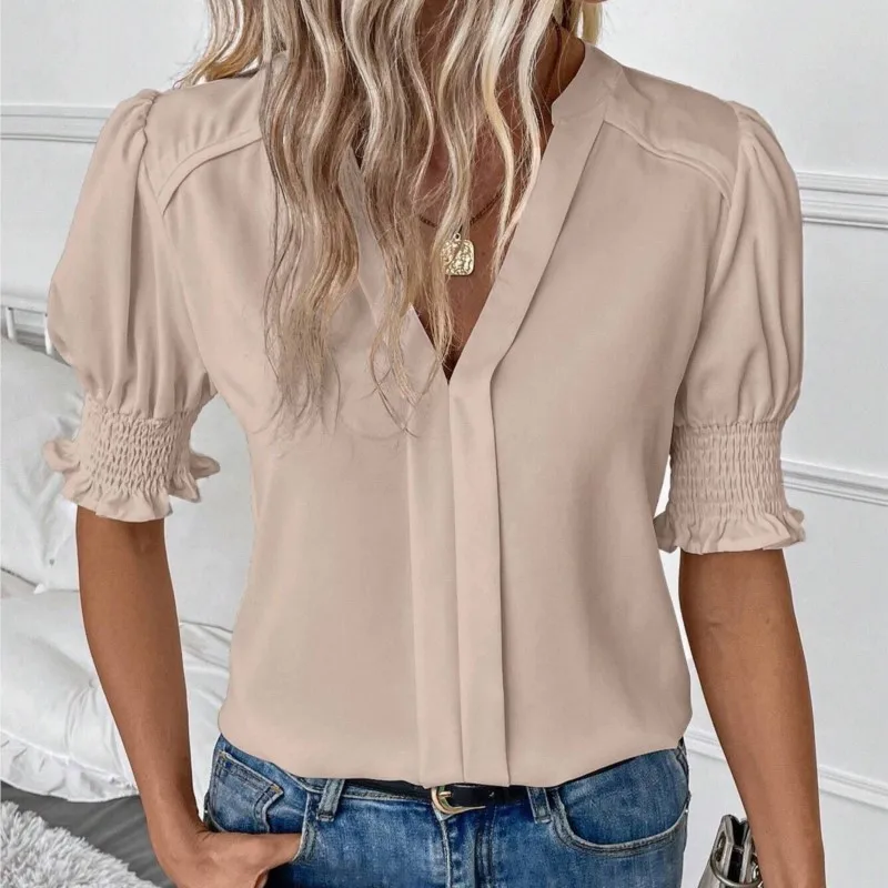 2024 Women's Summer New V-neck Bubble Sleeve Solid Color Shirt Top Office Lady White Pullover Blouses Femme Blusas