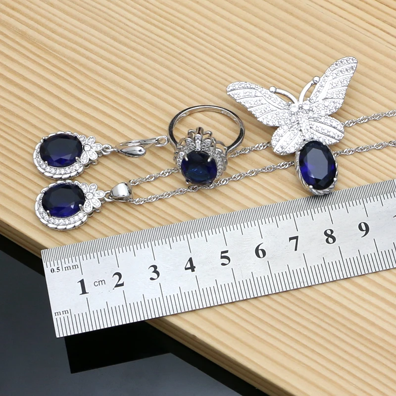 Blue Sapphire Jewelry Sets for Women, 925 Sterling Silver Jewelry Butterfly Brooch Earrings Necklace Ring Bracelet Set Gift