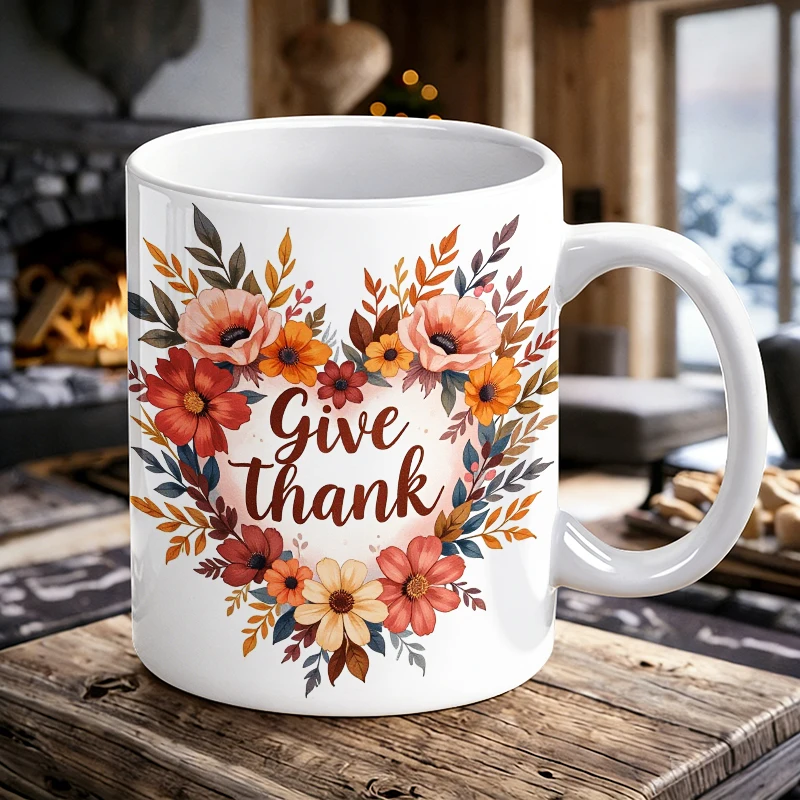 

'Give Thanks' Heart Floral Handle Ceramic Mug, Full Printed Pattern Coffee Mug, Insulated Milk Cup, Water Cup for Office