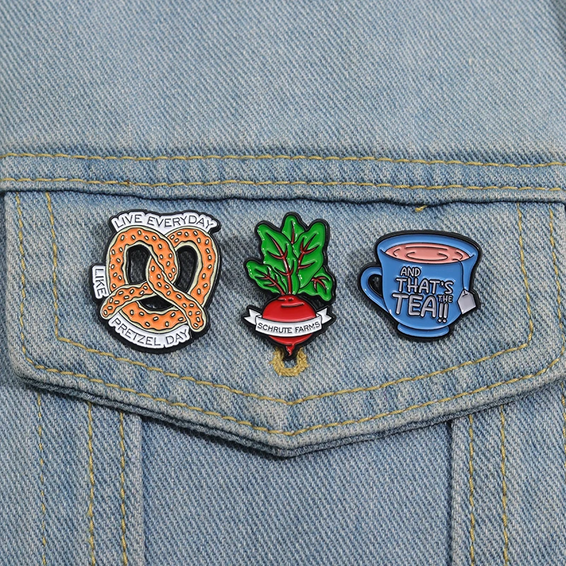 That's The Tea Schrute Farms Enamel Pins Live Everyday Like Pretzel Day TV Show Metal Brooch Lapel Jewelry Gift For Best Friends