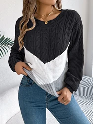 Autumn and Winter Casual Color Blocking Versatile Round Neck Long Sleeved Pullover Sweater for Women