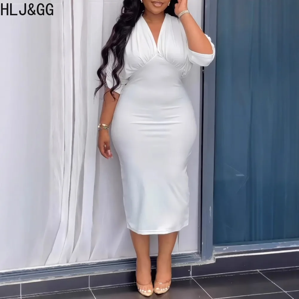 HLJ&GG White Elegant Lady Deep V Bodycon Mid Dresses Women Ruched Sleeve Back Hollow Bandage Slit Slim Vestidos Autumn Clothing