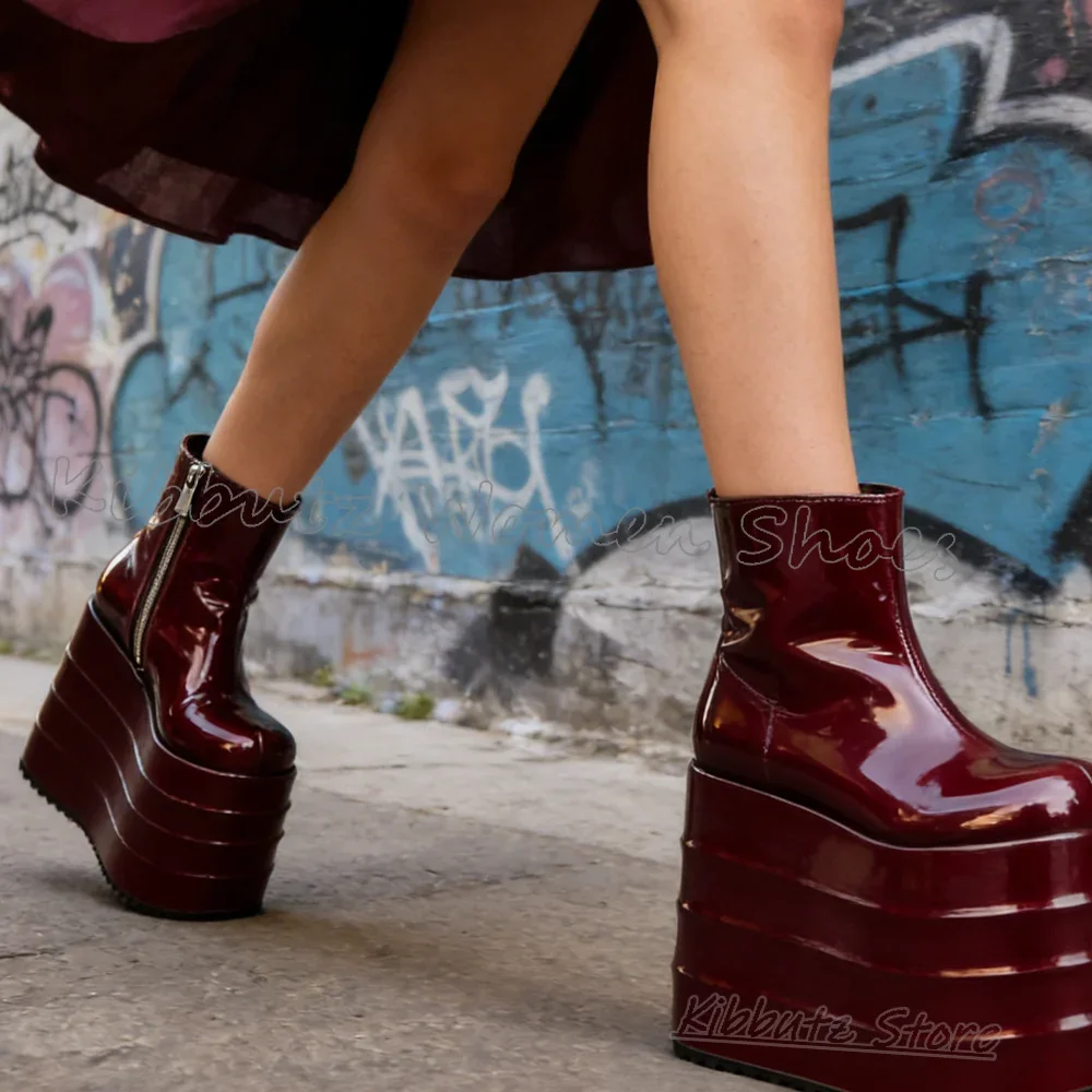 Ankle Boots Novelty Platform Height Increasing Solid Color Super High Leather Side Zipper Women Shoes Round Toe Fashion Luxury